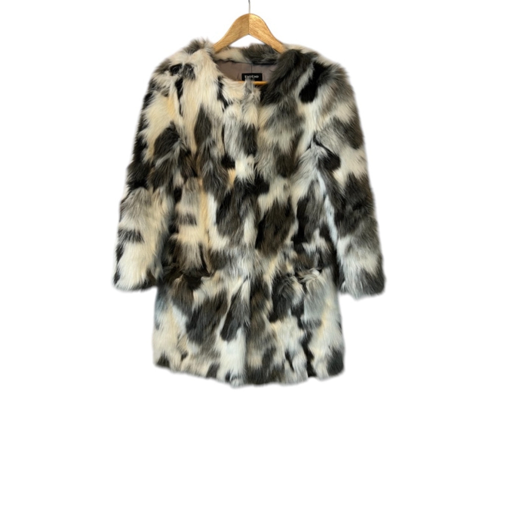 BEBE Black & White Faux Fur Cropped Sleeve Snap Button Mid Length Jacket Coat S - Picture 2 of 12